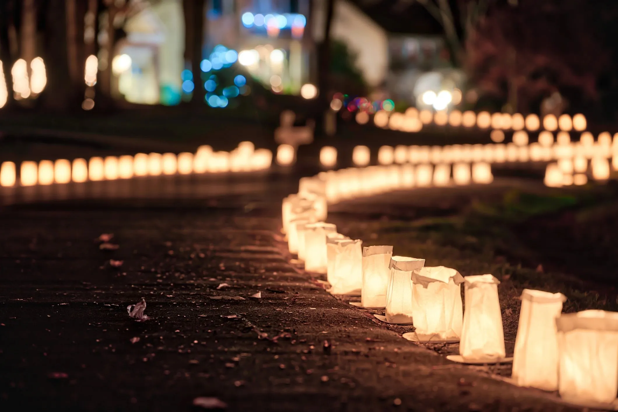 Hileras de farolitos encendidos durante la Noche de Velitas en Colombia